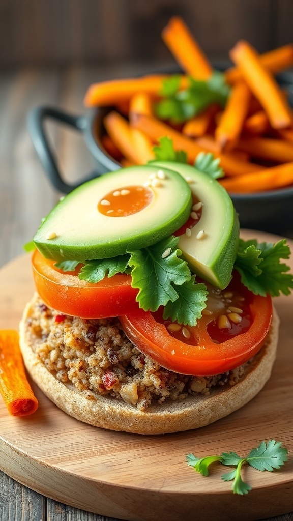 A quinoa burger on a whole grain bun with lettuce, tomato, and avocado, alongside sweet potato fries.